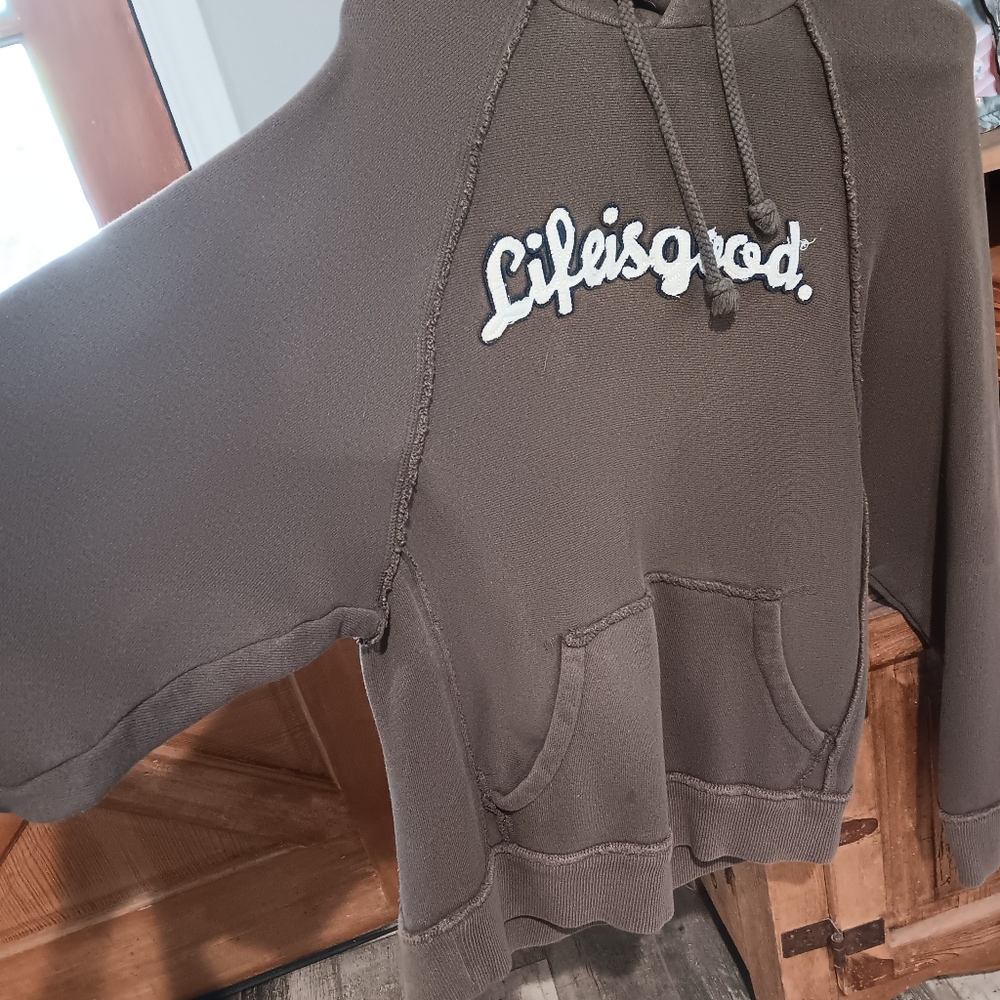 Life is Good embroidered oversized size medium hooded sweatshirt.Burn out brown